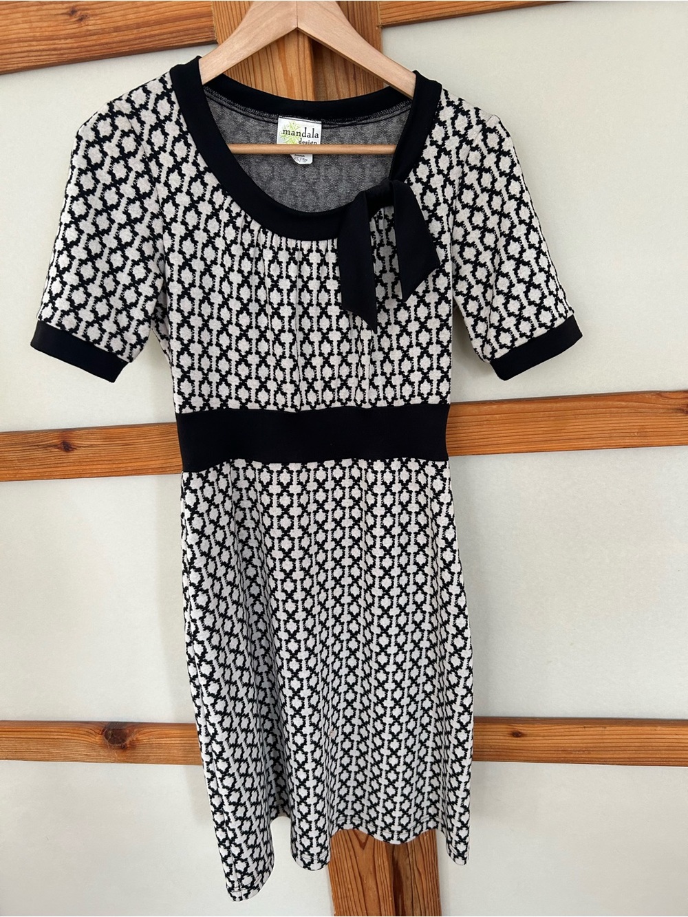Mandala Black & Ivory Tie-Neck Knit Midi Dress